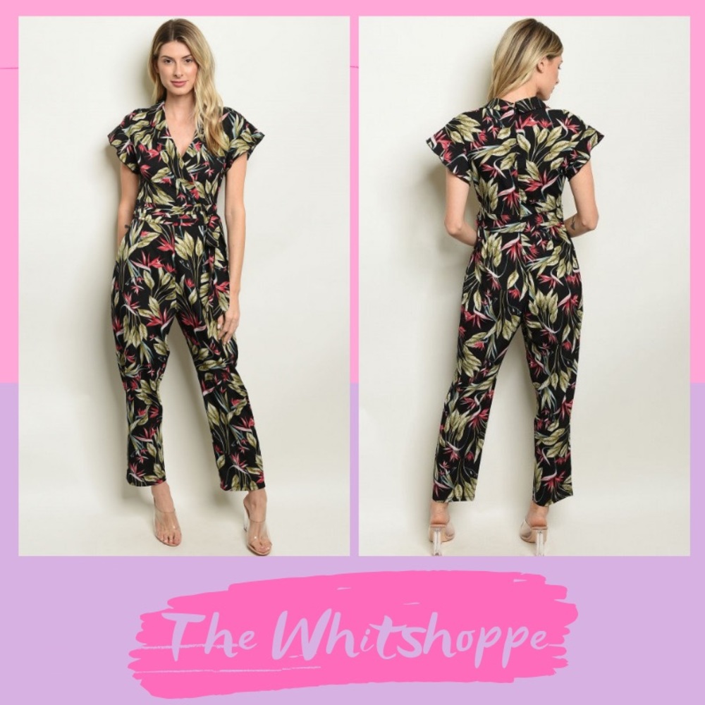 Short Sleeve V-neck with Leaves Print Jumpsuit